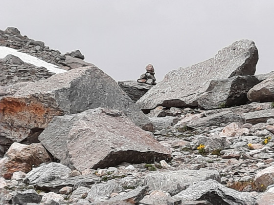 1er Cairn visible après la montée à partir du lac qui confirme enfin qu'on est bien sur la trace de retour.