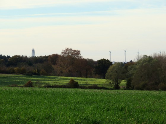 Au loin, le château d\'eau de Buzançais et les éoliennes de Saint-Genou