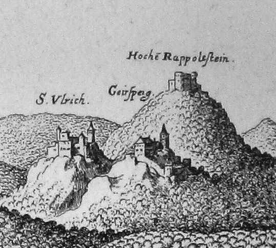 Gravure de Merian montrant les trois châteaux en 1663