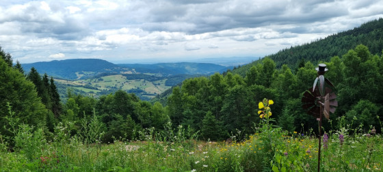 La vue sur la vallée du Bonhomme depuis l'auberge de l'Étang du Devin.