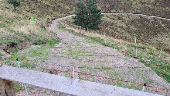 les travaux en cours de r&eacute;fection sur la descente au fond du Puy de Pariou