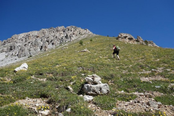 On s\'élève dans les gradins herbeux de cairn en cairn