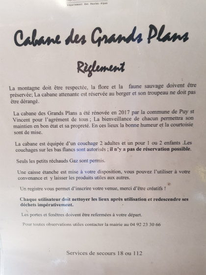 R&egrave;glement de la cabane des Grands Plans