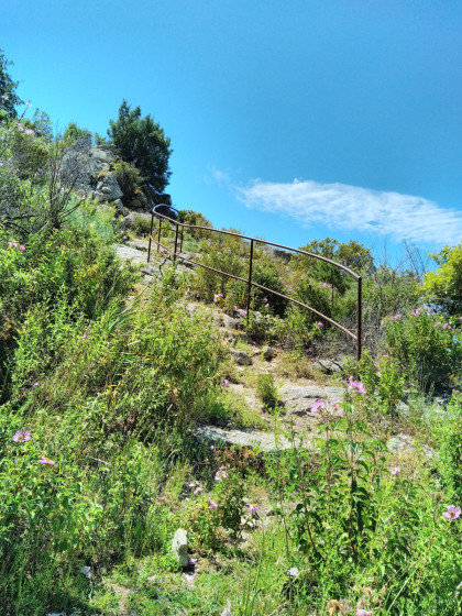 Sentier de mont&eacute;e en escalier avec une rampe