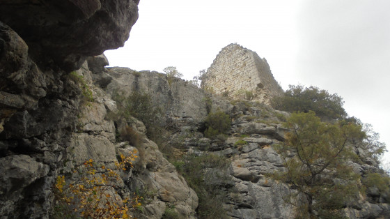 Vue des ruines depuis le pied de la falaise.