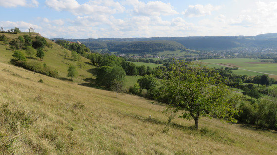 Vue sur la chapelle, le château de Belvoir et le vallon de Sancey