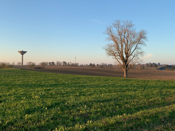 Vue sur le château d\'eau de Montanay et les Monts d\'Or à l\'horizon