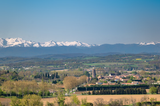 Vue sur les Pyrénées et la cité de Rieux-Volvestre