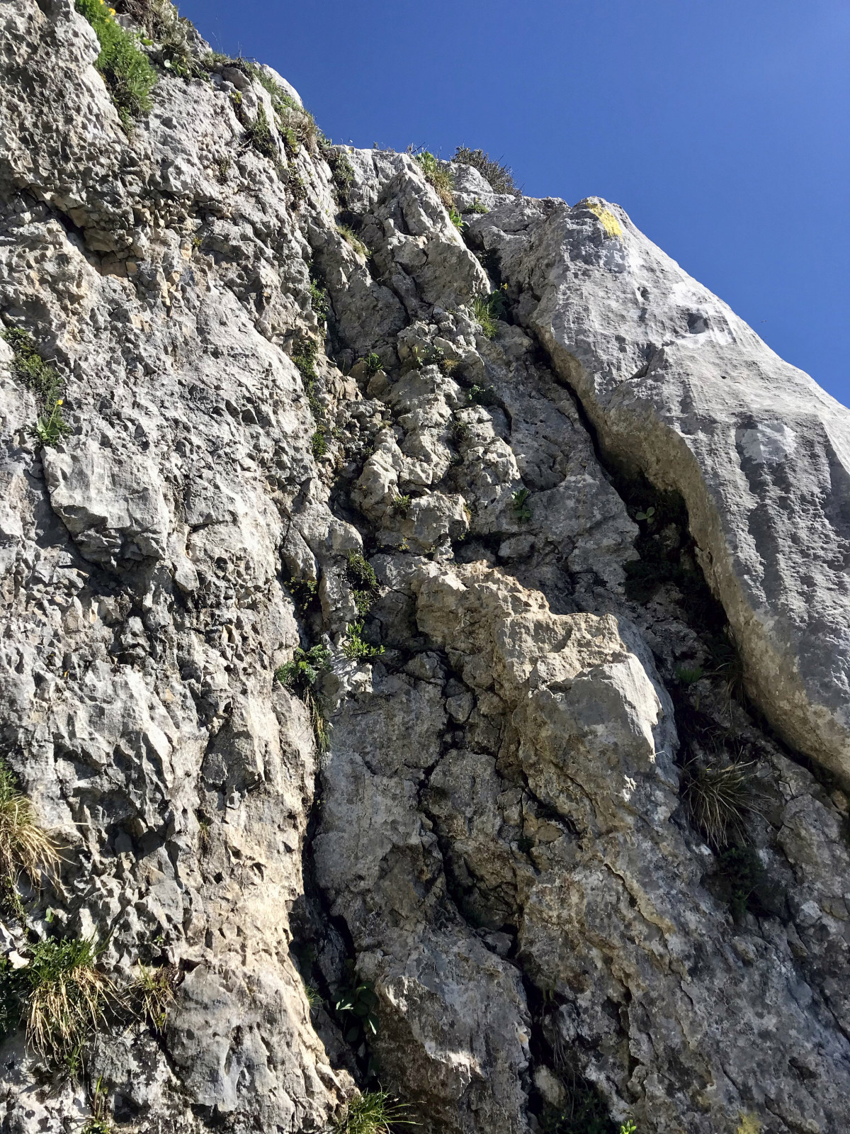 Photo de repérage du passage d'escalade pour la sortie sur la crête au Pas des Charassons, toujours avec le balisage jaune