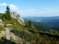 Point de vue sur les crêtes du GR5 ; chemin bordé de myrtilles dans les bruyères Point de vue sur les crêtes du GR5 ; chemin bordé de myrtilles dans les bruyères